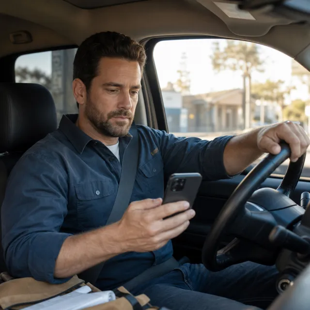 El contratista al volante revisa la ruta del día en su teléfono antes de arrancar