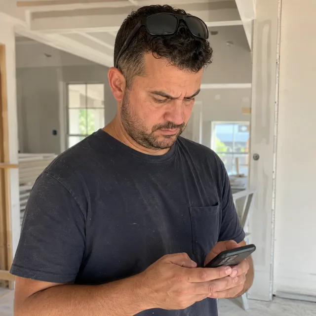 El contratista mira en su teléfono las fotos del trabajo que le mandó un cliente